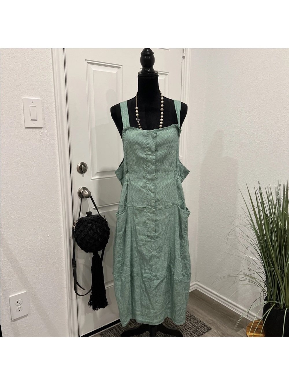 Sleeveless Sage Green Midi Pinafore Dress with Pockets